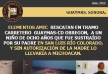 ELEMENTOS AMIC DE LA FISCALÍA DE SONORA INTERCEPTAN Y RESCATAN, EN TRAMO CARRETERO GUAYMAS – CD. OBREGÓN, A UN NIÑO DE OCHO AÑOS