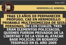 TRAS 13 AÑOS DE PERMANECER PRÓFUGO, CAE EN HERMOSILLO PROBABLE MULTIHOMICIDA DE SEIS PERSONAS